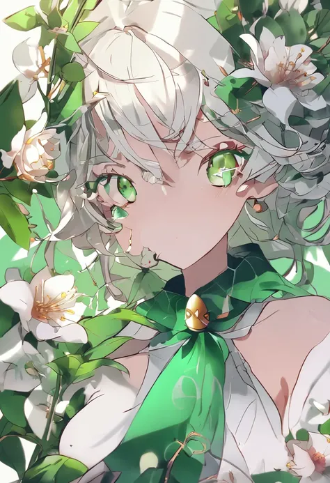 Green Tsuru beautiful girl form，The Holy Spirit shines，Eyes of different colors，Flower-like pupils，Ink style，romanticism lain，Open mouth with saliva attached