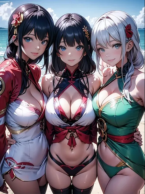 Three women in bikinis pose for a group photo on a beach by the sea, seductive anime girls, beautiful and seductive anime woman, Guviz-style artwork, Perfect white haired girl, Guviz, Beautiful anime girl, ross tran. scenery background, in beach, Beautiful...