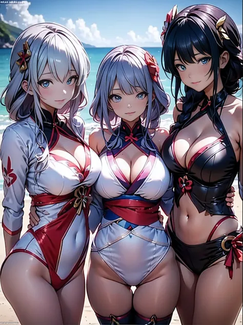 Three women in bikinis pose for a group photo on a beach by the sea, seductive anime girls, beautiful and seductive anime woman, Guviz-style artwork, Perfect white haired girl, Guviz, Beautiful anime girl, ross tran. scenery background, in beach, Beautiful...