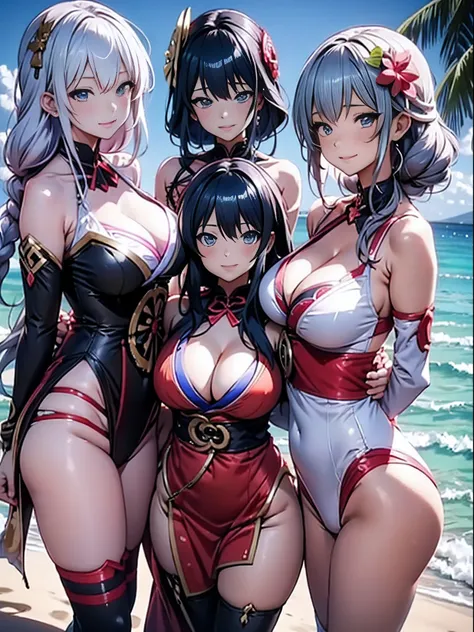 Three women in bikinis pose for a group photo on a beach by the sea, seductive anime girls, beautiful and seductive anime woman, Guviz-style artwork, Perfect white haired girl, Guviz, Beautiful anime girl, ross tran. scenery background, in beach, Beautiful...