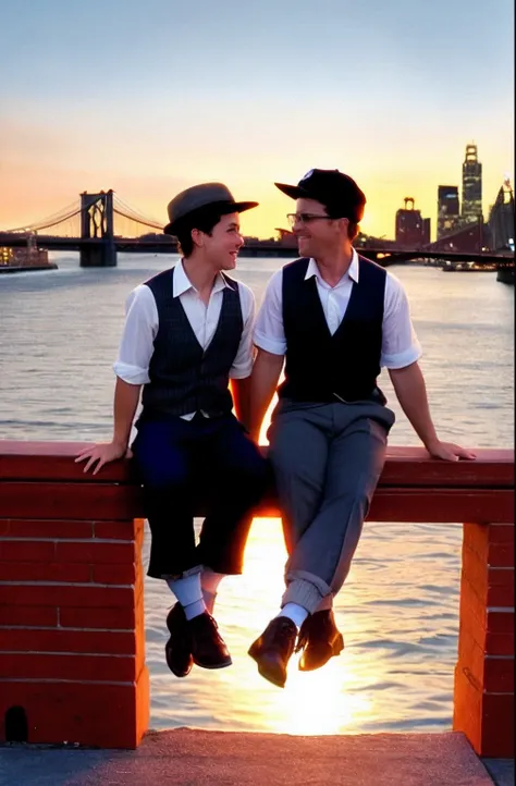 Two Newsies from the 1992 film sitting on the Brooklyn Bridge watching the sunset together. Circa 1899.