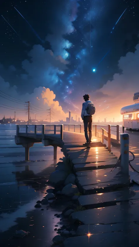 An anime scene of a man standing on a bridge looking at the stars, Makoto Shinkai Cyril Rolando, Makoto Shinkai. a digital rendering, pondering. By Makoto Shinkai, Cosmos Sky. By Makoto Shinkai, Makoto Shinkai. rendering by octane, Makoto Shinkais style, i...