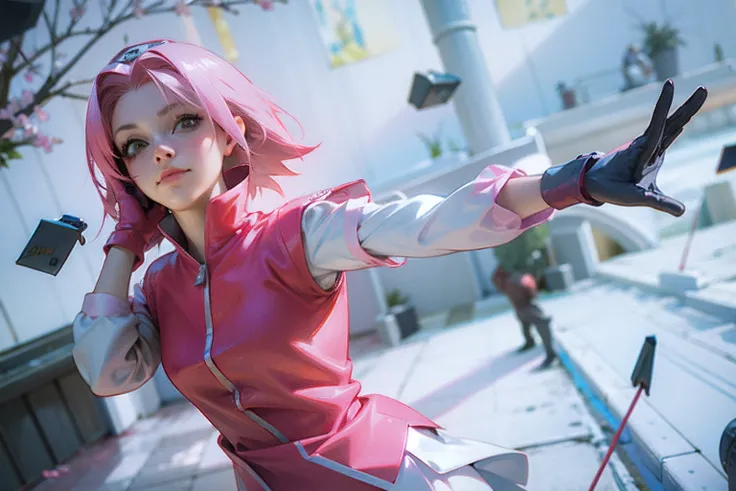 Theres a woman with pink hair and gloves posing for a photo, sakura haruno, haruno sakura, Cosplay de Ayaka, Estilo anime misturado com Fujifilm, Anime Cosplay, Sakura Haruno no modo Slug Sage, Anime Garota Cosplay, foto Cosplay, Yayoi Kasuma, Annie, de Le...