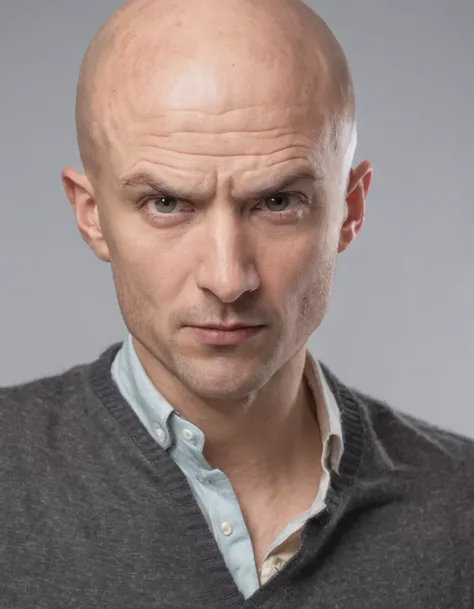 Bald 30-year-old man pulling his hair desperately wide eyes shocked expression on his face