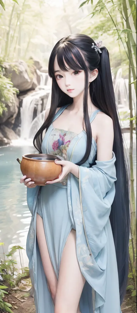 masterpiece, best quality, official art, 8k wallpaper, highly detailed, illustration, 1 girl, Azure hair, long hair, detailed eyes, forrest, bare shoulders, hanfu,lakes, pure, soft smile,bamboo,Tea