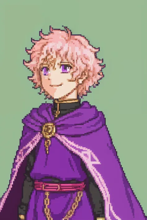 solo focus, Vanilla Fire Emblem, Desaturated Sprite, Halfbody, no frames, short pink hair, large eyes, dark purple eyes, mage, short curly hair, dark purple cape, slim, one person, shota, young boy, smiling, , child, chain necklac, short hair, boy, short w...