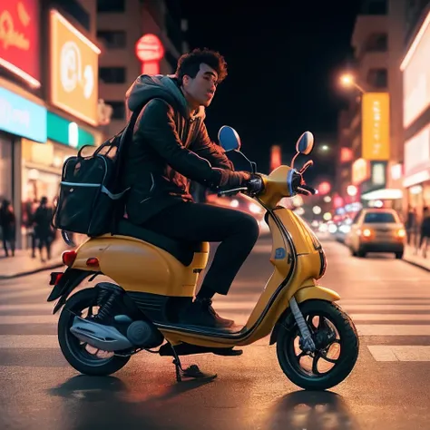 arafed man sitting on a scooter in the middle of a city street, riding on the moped scooter, moped, shot on sony a 7 iii, mid shot portrait, taken with sony a7r camera, in city street at night, photography shot at blue hour, photo taken with nikon d750