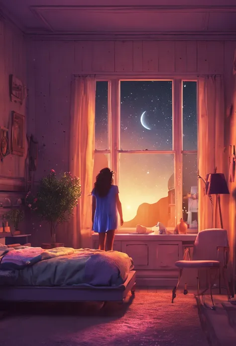 girl, room, night, window, stars, lamp,