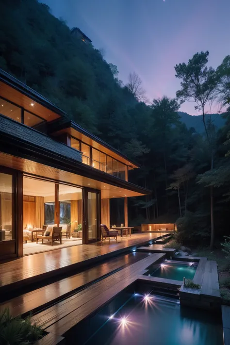 A contemporary glass-walled luxury residential retreat inspired by Frank Lloyd Wright in a forest oasis with a Waterfall atop Mount Wudang at dusk. Amber incandescent light streams from the structure in its magenta and deep blue environment. Glowing, radia...