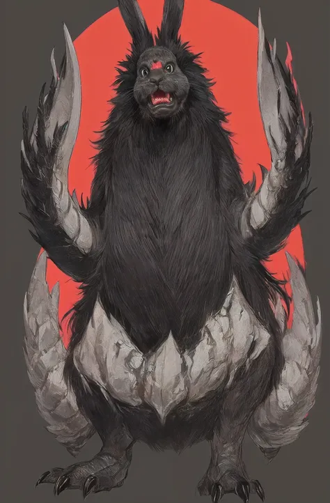 monster bunny, black background, has red eyes, anime, long sharp canine teeth, tall, has long nails, black hair