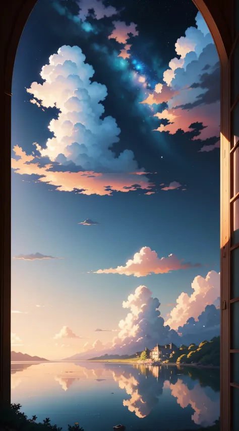 no human figures、Landscape only、evening glow、shimmer、There is a painting of the sky with clouds and stars, Cosmos Sky. by makoto shinkai, Anime Sky, Blue Sea. by makoto shinkai, Anime Cloud, style of makoto shinkai, by Ross Tran. scenery background, in the...