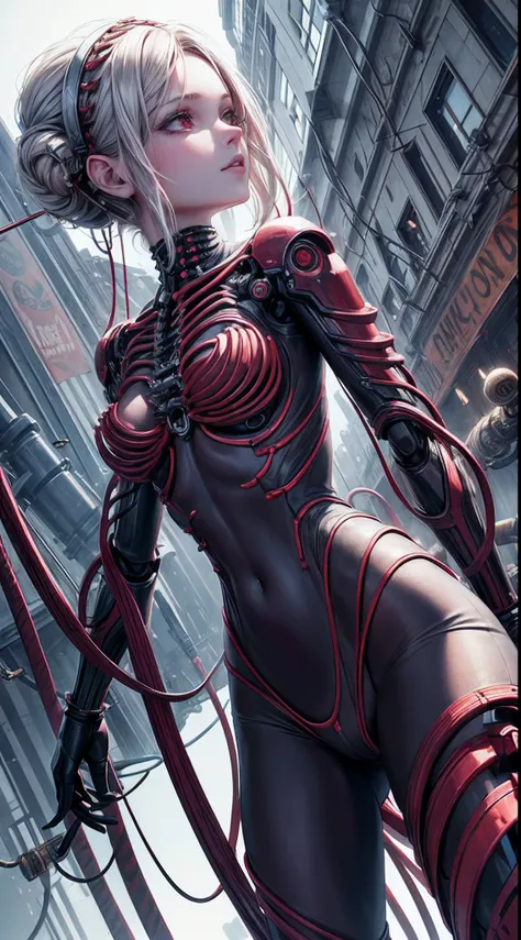 (((Masterpiece))), ((Best Quality)), (Super Detail), (CG Illustration), (Very Evil and Beautiful)), Cinematic Light, ((1 Mechanical Girl)), Single, (Mechanical Art: 1.4), ((Mechanical limb)), (Blood vessel attached to a tube), ((Mechanical spine attached t...