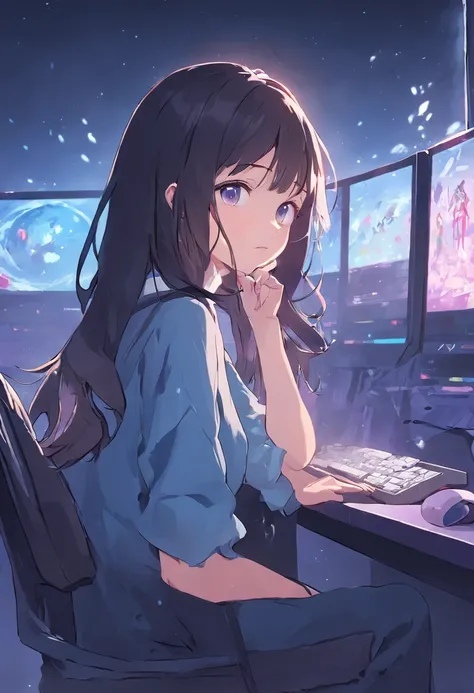 Arad woman in blue shirt sitting in front of a computer, Porquimane, Ruan cute vtuber, Chinese girl, Korean girl, beautiful Korean women, young cute wan asian face, Gorgeous young Korean woman, girl cute-fine face, dilraba dilmurat, xintong chen, twitch st...