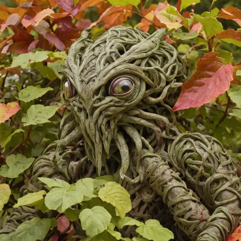 "An intricately designed creature, lurking within a labyrinth of vibrant leaves and entangled vines, resembling an enemy character from a fantasy RPG game."