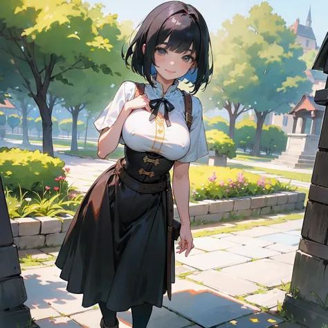 With the best image quality、Teenage girl standing alone outdoors。In high resolution、Beautiful fine details、tranquil atmosphere。((Black Hair Bob Hair))、Cute smile。(((breasts are large)))、I dont have anything in my hands、realistic hand、Medieval European nati...