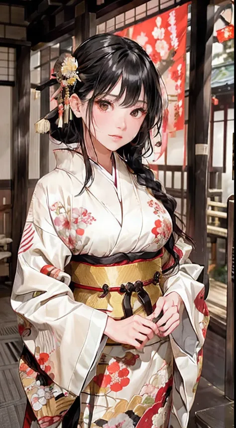 (花魁:1.4)、1girl in,Black hair fringe long hair、Braided hair、disheveled hair、Light brown eyes、(Extraordinary beauty)、(dignified expression)、(Traditional kimono with colorful and shiny luxury Japan:1.4)、(爆乳:1.4)、(Photorealsitic)、(intricate detailes:1.2)、(​mas...