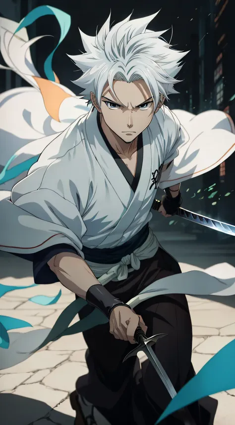 anime character with white hair and blue eyes holding a sword, badass anime 8 k, white fox anime, handsome guy in demon killer a...