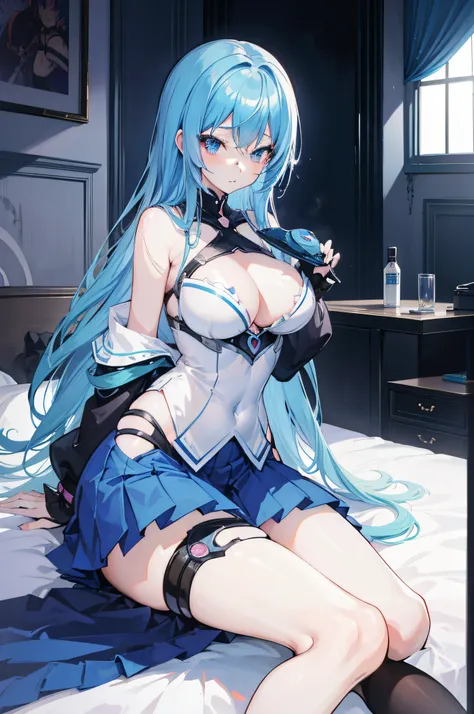 anime girl with blue hair and black stockings sitting on a bed, seductive anime girl, oppai, beautiful alluring anime woman, hajime yatate, biomechanical oppai, female anime character, official anime still, beautiful alluring anime teen, anime best girl, a...