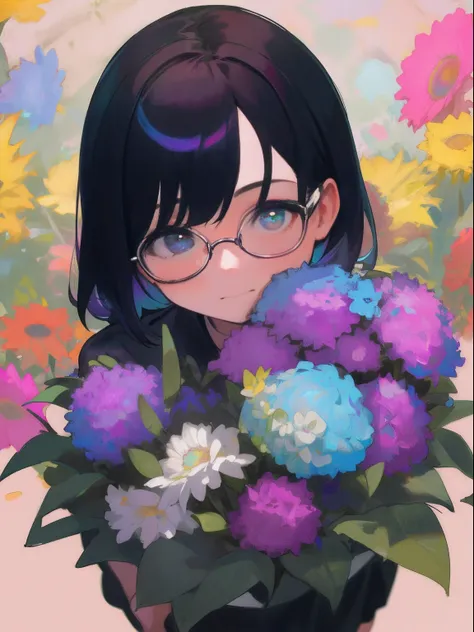 ​masterpiece, top-quality, 1girl in, The upper part of the body, Have a bouquet of iridescent colors, shorth hair, , A dark-haired, eye glasses、Casual clothing, frilld,Angle from above