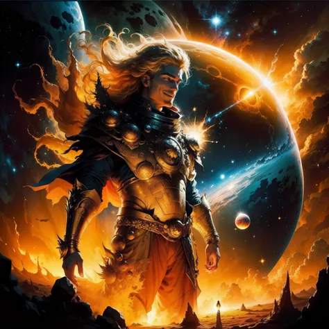 "Create a cover for a novel featuring the King of Suns, surrounded by an aura of fire, smiling in a celestial space setting. The King, portrayed as a man in sweat shorts with blond hair and blazing eyes, stands as the central figure against the backdrop of...