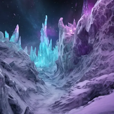 tmasterpiece, Epic artwork, Snow Demon Tundra, Glaciers in the light of the aurora, , Purple cyan, quasar,Celestial debris,quasar, Beam, Magic, Energy, Fantasy, Snow Goblin, Chilling Wind,，Silvertone，white colors，Extreme ice plateau rendered by intertwined...