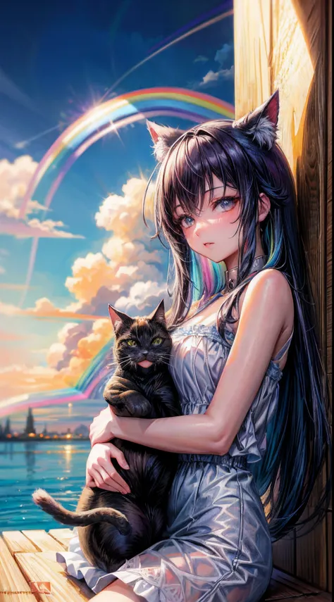 ((Rainbow Daytime Sky))、Anime girl cuddling a cat,Near Future City、 makoto shinkai cyril rolando, anime art wallpaper 4k, anime art wallpaper 4k, Anime art wallpaper 8k, inspired by Cyril Rolando, in the style dan mumford artwork, amazing wallpapers, by Yu...