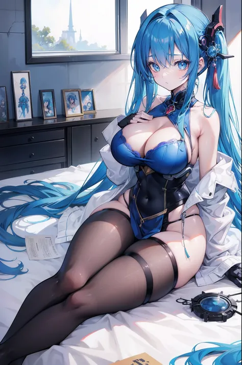 (masterpiece), best quality, expressive eyes, perfect face, anime girl with blue hair and black stockings sitting on a bed, seductive anime girl, oppai, beautiful alluring anime woman, hajime yatate, biomechanical oppai, female anime character, official an...