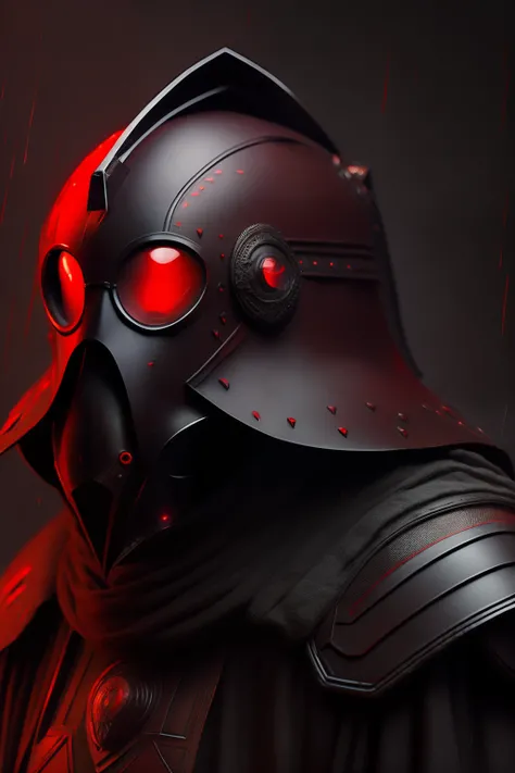 masterpiece, best quality, ultra high resolution, plague doctor inspired, futuristic body armour, full face helmet, red glowing eye, raining, black body armour