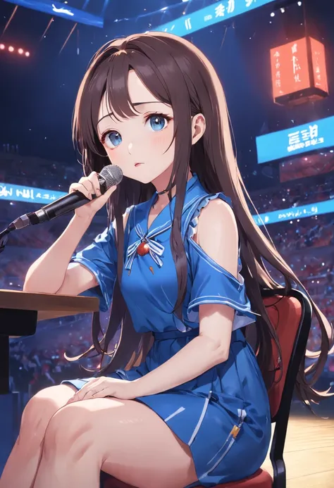 Araki woman in blue shirt sitting in front of the microphone, dilraba dilmurat, xintong chen, cutecore, Li Zixin, tzuyu from twice, girl cute-fine face, trending at cgstation, trending on cgstation, Chinese girl, wenfei ye, chengyou liu, xision wu, Yun Lin...