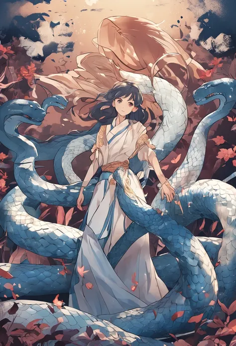 Anime shoujo，mythological beasts，staredown，Blue and white snake