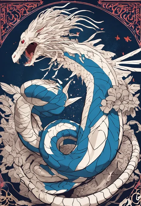 Anime shoujo，mythological beasts，staredown，Blue and white snake