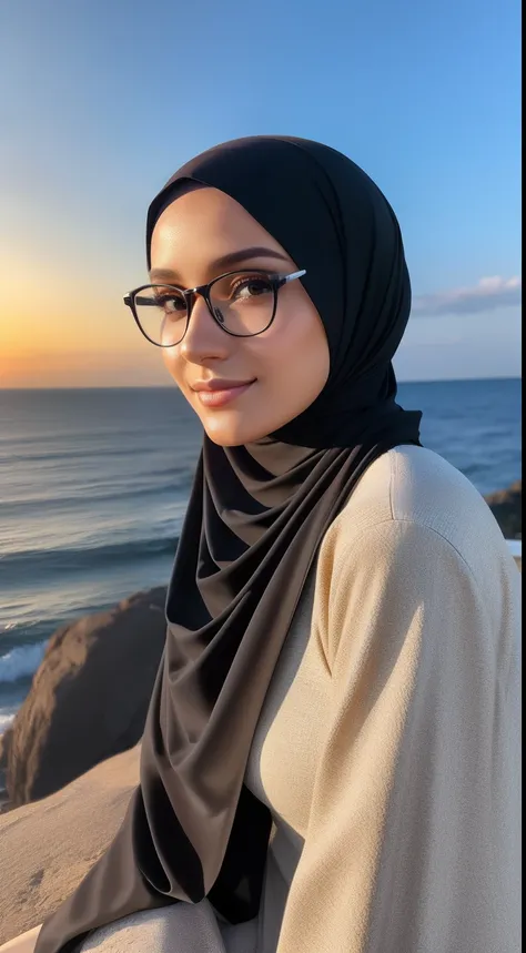 ultra realistic,16k,enhanced quality, perfect face, perfecthands, perfect body, ultra detailed,1girl,perfect hair, girl wearing glasses, perfect glasses, perfectsmile, ultra realistic, ultra realistic background, ultra realistic sunset, ultra realistic clo...