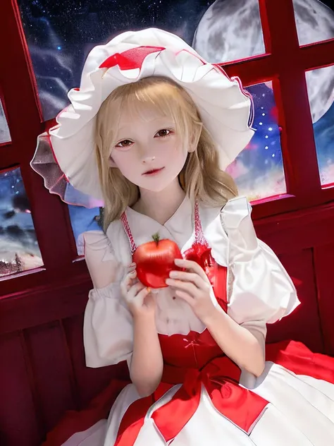 1 and 10 year old girls in reddish white ruffled sleeve dresses、Young Face、White fluffy hat、a blond、red eyes、Holding a red apple in your hand、Lori、(vampire girl:1.1)、Night sky and red moon view、Sit near the black window glass、(Night sky and clouds:1.3)、(An...