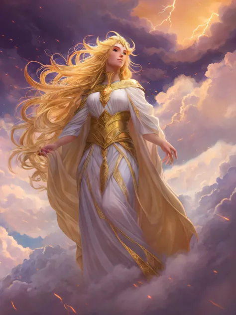 A majestic Freyja stands atop a mountain of clouds, her golden hair cascading down her back and her eyes glowing with divine power.