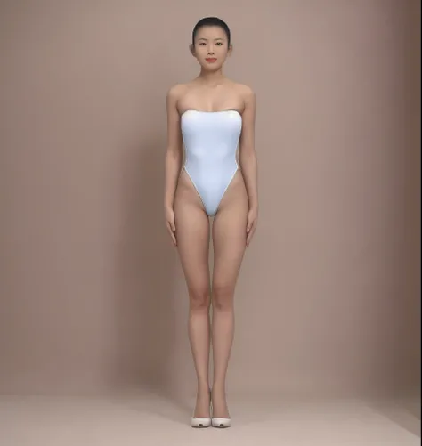 An upright Chinese girl，Stand upright，with fair skin，Wear a one-piece swimsuit，Wear high heels，Arms drooping，Bring your hands close to your sides，Bring your feet together，Front light