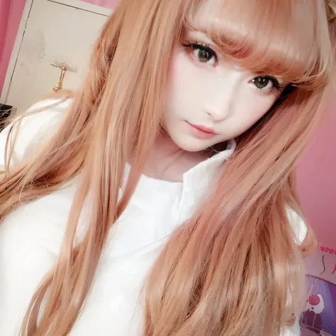 a close up of a woman with long hair and a white shirt, ulzzangs, long whitr hair，Thick bangs, long strawberry - blond hair, Long hair with bangs, Anime girl in real life, Long white hair and bangs, long  white hair, Asian girl with long hair, With long ha...