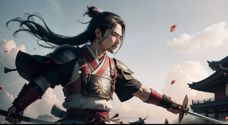 create realistic image of samurai throwing flowers in the air