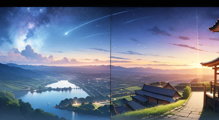 masutepiece, Best Quality,Illustration, Wallpaper, Ultra Detail, absurderes, matsuri、atmosphere、Beautiful scenery , murky,(a panoramic view:1.3),(Sense of depth:1.5)、countryside、shooting stars、nighttime scene