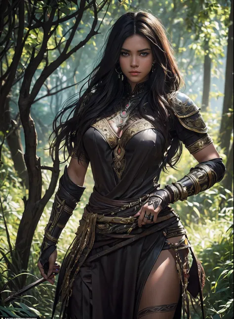 ((of the highest quality: 1.4))), (unparalleled masterpiece ever), (Ultra high definition), (art by Carne Griffiths), (Ultra-realistic 8K CG), Official art, Hands on hips, viewed from below, (dark shot), a beautiful woman warrior, Highly detailed armor and...