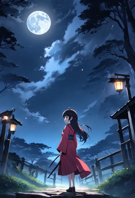 Moonlight，The way down，straight，Duan，pathway， starrysky，during night， Moonshine scent，Crimson