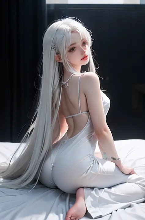 White tones，white colors，Sexy Girl ，from the rear，tiny body，Petite，whaite hair，White hair，White bed，transparent silk pajamas ，thick long hair，Empty space，Pure white space