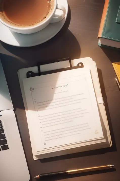 A picture of an open gratitude journal with a pencil resting on it, surrounded by small flowers, a cup of tea or coffee, y una puesta de sol suave en el fondo. This image evokes the idea of taking a quiet moment to reflect and appreciate the little things ...