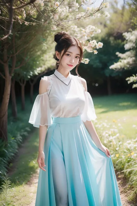 （8K分辨率，close-up all over the body），（1womanl，18yr old，（（Soft and cute，s delicate face，详细的脸），confident smile），Fair smooth skin，（Best Skin Type：1.21），Exaggerated traditional bun hairstyle，（（High-end Hanfu skirt，Luxurious full-breasted skirt，Collared skirt，（ma...