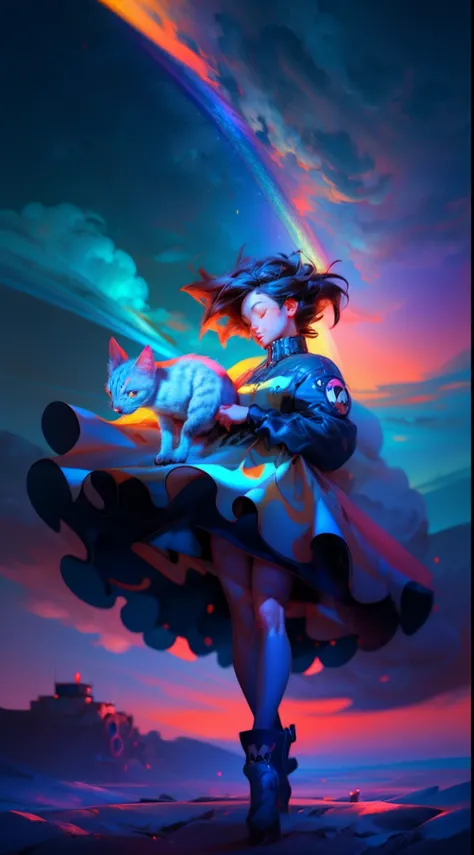 ((Rainbow Daytime Sky))、Anime girl cuddling a cat,Near Future City、 makoto shinkai cyril rolando, anime art wallpaper 4k, anime art wallpaper 4k, Anime art wallpaper 8k, inspired by Cyril Rolando, in the style dan mumford artwork, amazing wallpapers, by Yu...