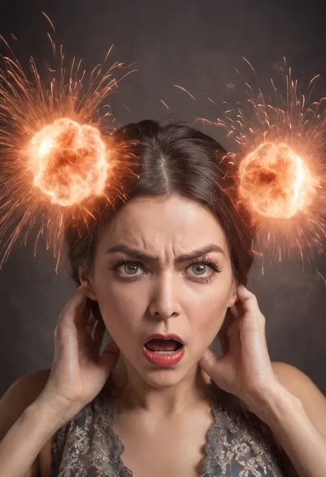 a woman desperately exploding a bomb in her head, eyes wide, expression shocked on her face;