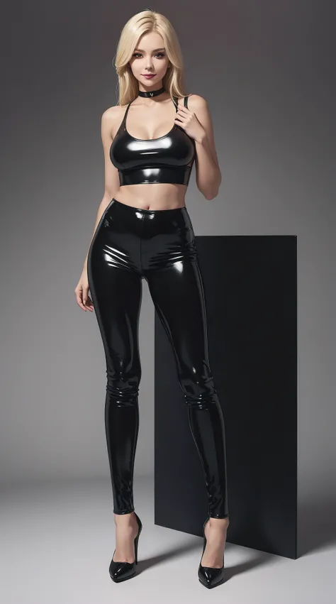 solo,a tall woman standing,full body portrait,high heels,black latex tanktop,black latex pants,medium breasts,black choker,looking at viewer,blonde long wolf cut hair,posing sexy for a picture ,empty background,makeup,smirk