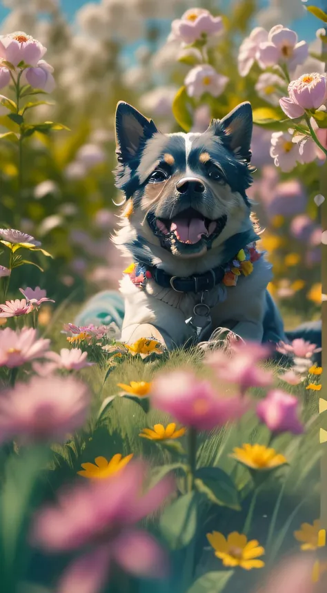 Cute dog, Sit on the grass among the flowers, Very high quality photos, Professional stage lighting, On the streets in clear weather, Blue cumulus clouds in the sky, Very beautiful, Awesome landscape in the background, Still image of film with chromatic ab...