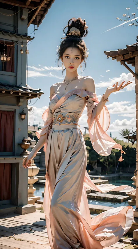 Araved woman in a long dress walks down the wooden walkway, fantasy style clothing, Hanfu, elegant ancient greek dress, Palace ， A girl in Hanfu, flowing magical robe, fantasyoutfit, Oriental fantasy, wearing fantasy formal clothing, intricate fantasy dres...