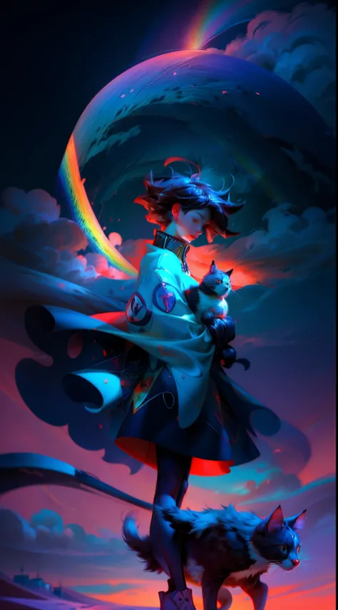 ((Rainbow Daytime Sky))、Anime girl cuddling a cat,Near Future City、 makoto shinkai cyril rolando, anime art wallpaper 4k, anime art wallpaper 4k, Anime art wallpaper 8k, inspired by Cyril Rolando, in the style dan mumford artwork, amazing wallpapers, by Yu...