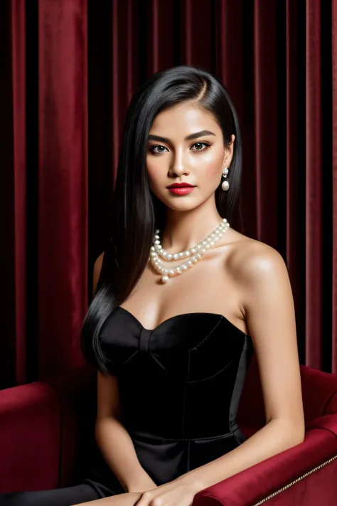 An elegant lady in a tailored black outfit, her face illuminated by a single spotlight, sitting in a plush armchair, straight hair falling over her shoulders, eyes exuding a seductive look yet her mouth set in a serious expression, a love counselor, wearin...